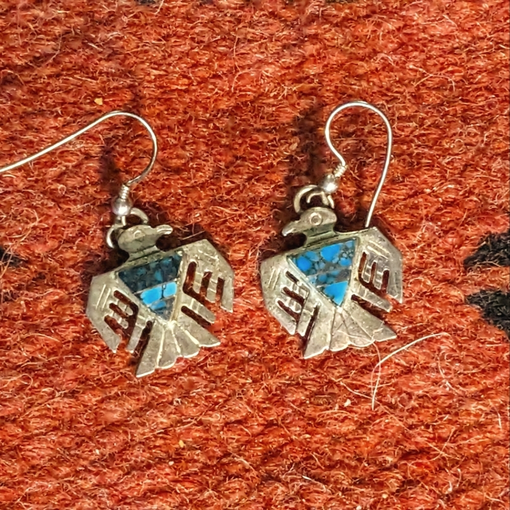 Vintage sterling silver Native American Thunderbird inlay earrings